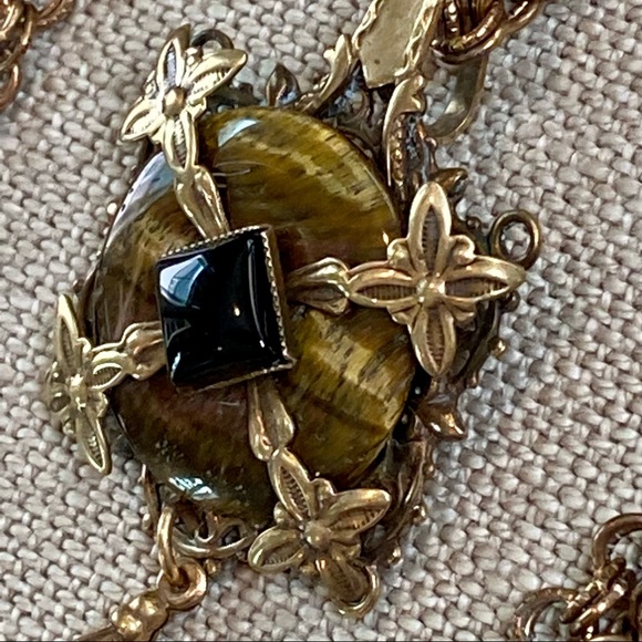 VTG Jan Michaels Tigers Eye & Black Onyx Pendant Necklace on Long Chain - Picture 7 of 10